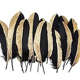 BABEYOND 42 Pcs Gold Dipped Feather Goose Feather Natural Craft DIY Decoration Feather for Party Decoration Wedding Dress Up Room Decoration (Black & Gold)