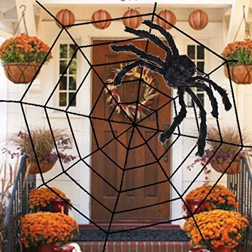 Lansian Halloween Decorations Spiderweb 59inch Spider Web with 30inch Realistic Black Fake Spider Spooky for Kids Outdoor Yard Haunted House Party Decoration