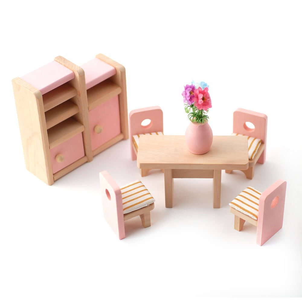 Wooden Dolls House Furniture Set - PINK Dining Room