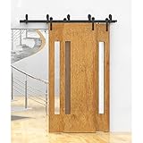 Hahaemall Modern Style 5-13FT Sliding Bypass Barn Door Hardware Black Steel Track Roller Hanger Rolling Flat Rail Set (7.5FT Bypass Kit)