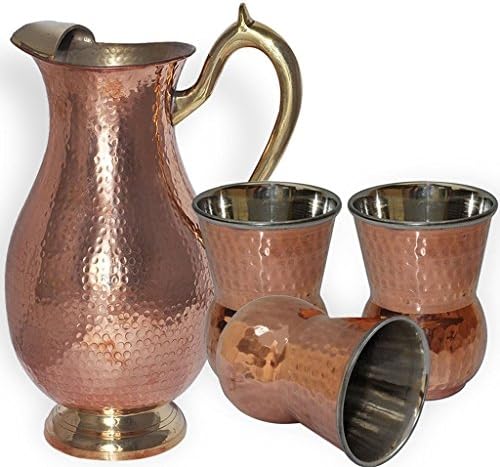CHRISTMAS GIFT "JAI GURU JI" Royal Mughlai Jug Pitcher (Capacity - 64.24 oz) with 3 Copper matka Tumbler - CHRISTMAS GIFT