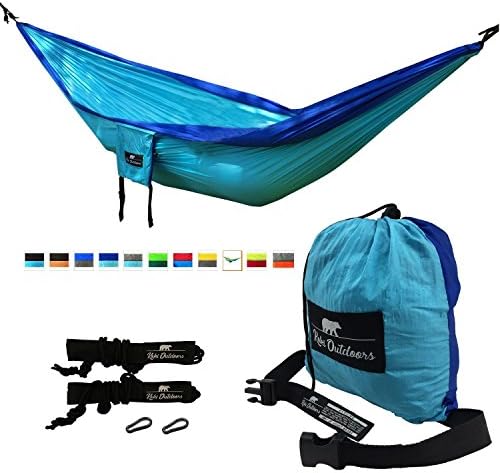 (Blue/Light Blue) Koki Outdoors Lightweight Double Hammock - Heavy Duty Parachute Nylon - Tree Straps, Steel Carabiners and Carry Bag Included