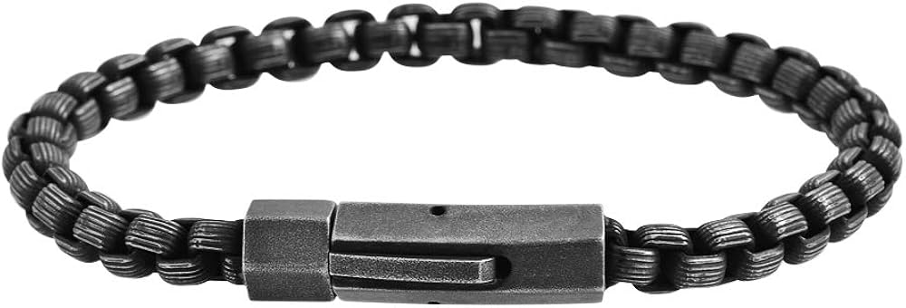 Geoffrey Beene Men's Stainless Steel Pattern Box Chain Bracelet (Antique Black): Clothing