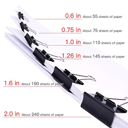HJSMing 120 PCS Metal Binder Clips,Foldback Clips,Paper Binder Clamp,for Notes Letter Paper Books Home Office School File Paper Organizer Folder Clip Clamp 6 Sizes with Box (Black)