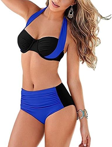 Vilania Women Swimwear Elegant Vintage Push up High Waisted Bikini Swimsuits Two Piece Bathing Suit Set With Halter Top And Bottoms Blue,TXZ9013-Blue-S