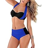 Vilania Women Swimwear Elegant Vintage Push up High Waisted Bikini Swimsuits Two Piece Bathing Suit Set With Halter Top And Bottoms Blue,TXZ9013-Blue-XL