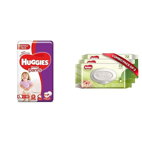 Huggies Wonder Pants Mega Jumbo Pack Large Size Diapers, 99 Count & Huggies Baby Wipes - Cucumber & Aloe, Pack of 3 (216 Wipes)