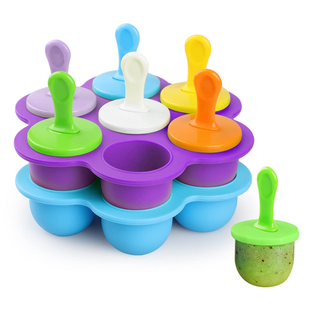 WD&CD 2 Pack of 14 Ice Lolly Moulds Silicone with 18 Plastic Sticks, Mini Ice Moulds Silicone BPA Free Moulds for Freezing Fruit or Yoghurt - Blue and Purple