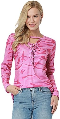Women's Choker V Neck Long Sleeve Casual Blouse (Pink, XL)