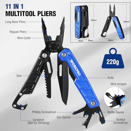 WORKPRO Multi-purpose Pliers, 11 in 1 Multifunction Pliers, Stainless Steel Folding Multifunctional Tool with Pliers Saws Screwdriver for Camping Hiking (Blue)