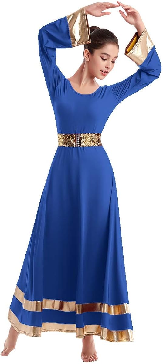 IBAKOM Womens Long Sleeve Tunic Robe Worship Praise Liturgical Full Dance Dress Ballet Costume with Sequins Belt: Clothing