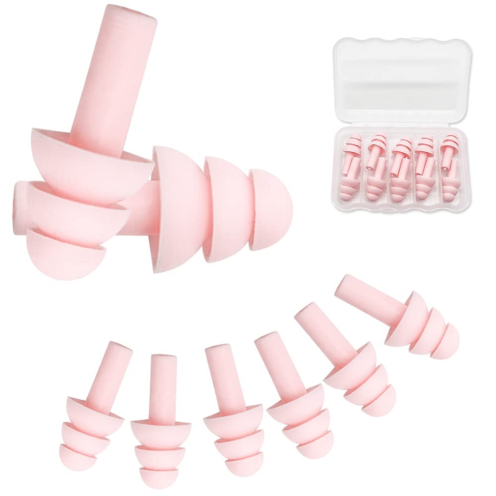 KSTEU 5 Pairs Ear Plugs,Earplugs for Sleeping Reusable Reduce Noise Cancellig,Waterproof Soft Foam Earplugs for Study,Work and Swimming (Pink)