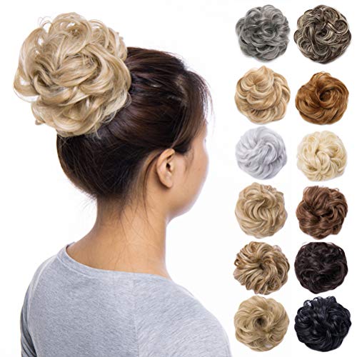 Scrunchy Updo Wavy Straight Hair Bun Clip Messy Donut Chignons Synthetic Hairpiece Hair Extension (dark blonde & bleach blonde-thicker)