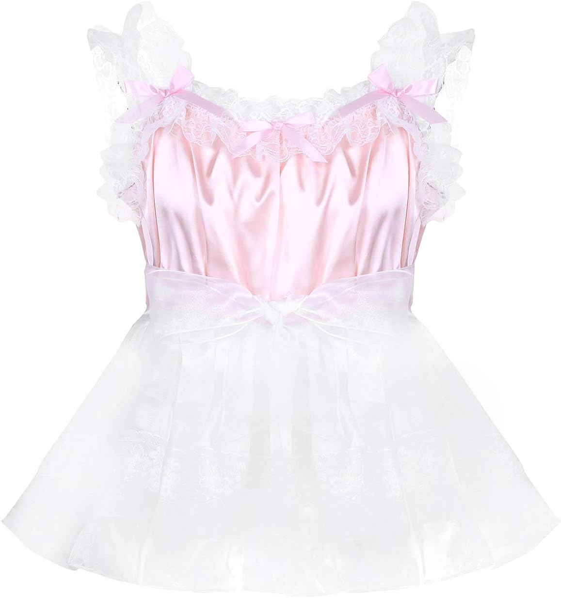 inhzoy Men Sissy Soft Satin Frilly Ruffled Lace Shoulder Straps Tulle Dress Crossdress Nightwear with Waist Belt