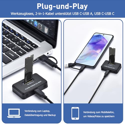 M.2 NVMe and SATA Hard Drive Docking Station Supports 2.5 Inch HDD/SSD, 10Gbps NVMe USB Adapter for M-Key B+M Key, USB 3.2 Gen2 Dual Protocol M2 SSD Enclosure for 2230 2242 2260 2280 SSD