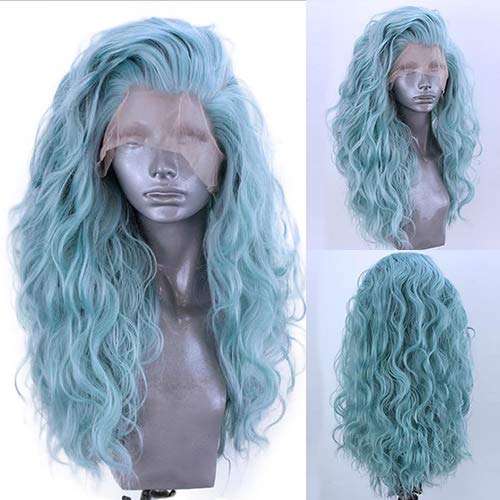Royalvirgin Beauty Glueless High Temperature Heat Resistant Fiber Hair Long Wavy Mint Blue Synthetic Lace Front Wig Side Part for Drag Queen