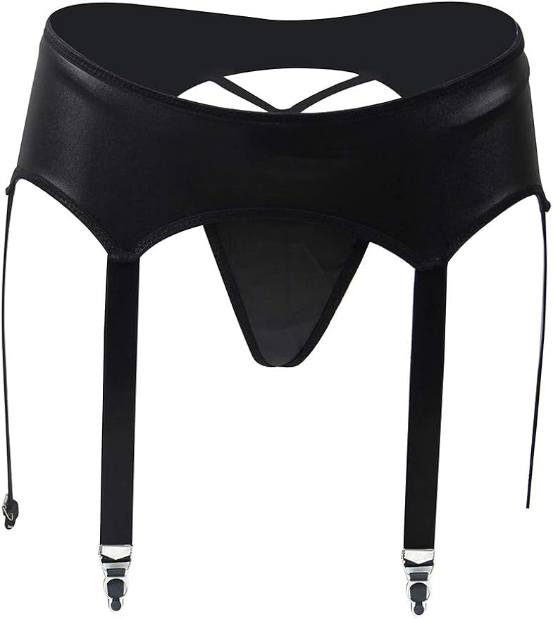 BravoPm Women Black Faux Leather Plus Size Garter Belt 6