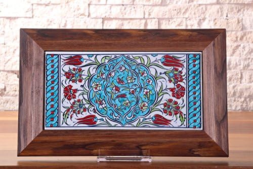 Handmade Handpainted Turkish Ottoman Design Wall Art Ceramic Tile With Natural Wood Frame