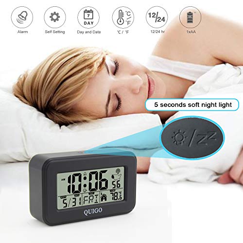 QUIGO Small Digital Alarm Clock Atomic Battery Operated Desk Bedroom