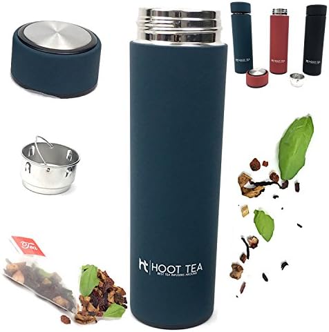 TEA AND COFFE INFUSER BY HOOT TEA -Stainless Steel Portable Insulated Water Bottle - Great Tumbler for DETOX, LOOSE LEAF, ICE, FRUIT, OILS, And VEGGIES - Silicone FILTER BAG- NavyGreat For Tea Lovers