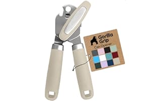 GORILLA GRIP Heavy Duty Stainless Steel Smooth Edge Manual Can Opener and Bottle Openers, Soft Comfortable Handle, Oversized Handheld Turn Knob, US Designed Multifunctional Kitchen Tool, Almond