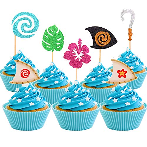 ï¼ˆ30 Pcsï¼‰Moana Inspired Cupcake Toppers Moana Cupcake Toppers Birthday Party Decoration Boat Sail Swirls Hooks Hawaiian Flower Leaves for Tropical Luau Summer Party Baby Shower Wedding