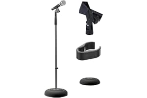 Pyle Adjustable Microphone Stand - Universal Mic Stand with Compact Heavy Base, Floor Standing Design, Height Adjustable, Pivot Angle Clip for Singing & Recording (2.8’ - 5’ ft., 9.8” Base Diameter)