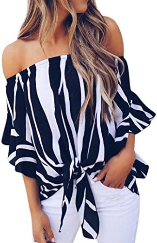 Leedford Women tops Women Striped Off Shoulder Waist Tie Blouse Short Sleeve Casual T Shirts Tops (S, Blue)