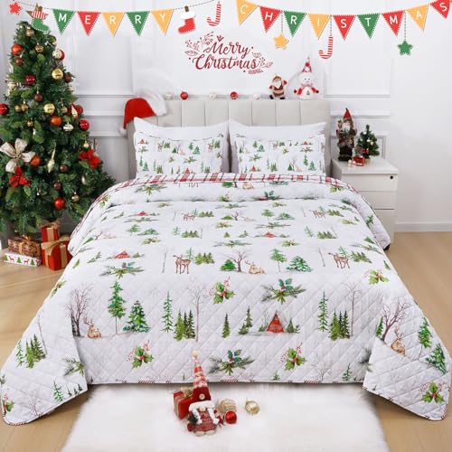 FRAMICS 3 PIECE CHRISTMAS REVERSIBLE QUILT SET QUEEN SIZE, RED PLAID LIGHTWEIGHT COMFORTER SET, GREEN WATERCOLOR PINE TREE REINDEER SNOWHOUSE CHRISTMAS QUILT, 90″ X 90″, 1 QUILT+2 PILLOW SHAMS
