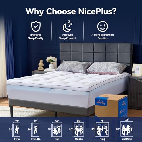 NicePlus Dual Layer 4 Inch Memory Foam Mattress Topper Queen, 2 Inch Cooling Gel Memory Foam and 2 Inch Soft Pillow Top Mattress Pad Cover for Back Pain Relief, with Elastic 21" Deep Pocket