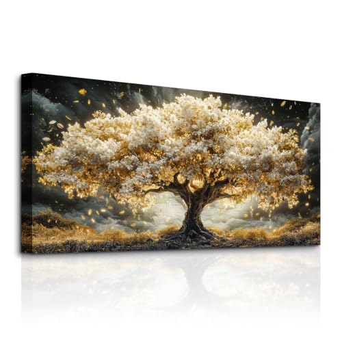 JHHUAMO Cuadros Decoracion Salon Modernos, Lienzos Decorativos Grandes, Laminas Decorativas Dorado Árbol de la Vida, Pinturas Naturaleza Artística Dormitorios Oficina Habitacion Pasillo 50x100 cm