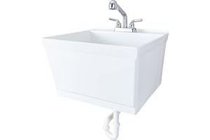 JS Jackson Supplies Tehila White Wall-Mounted Utility Sink Tub Kit with Chrome Finish Pullout Faucet, Wall-Mounted Utility Tub with Wall Bracket for Laundry Room, Garage, Workshop