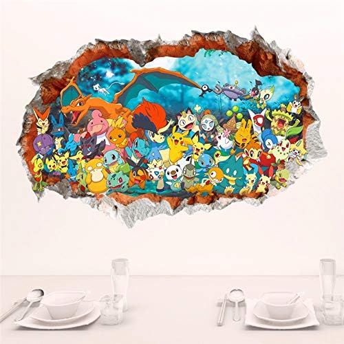 linshel 3D Effect Cartoon Red Pikachu Pet Elves Through Wall Stickers for Kids Rooms DIY Wall Art Decals Decor Pokemon Go Game Posters 6090Cm