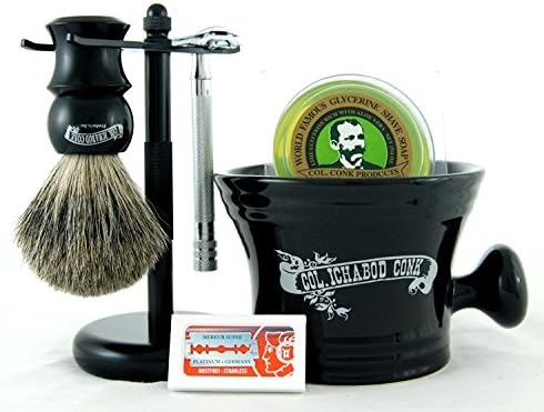 Colonel Conk 294 6 Piece Shave Set - Long Handled #180, Black Metal Stand, Mixed Badger Brush, Black Apothecary Mug, DE Blades & Soap
