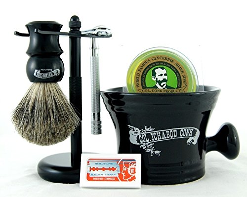 Colonel Conk 294 6 Piece Shave Set - Long Handled #180, Black Metal Stand, Mixed Badger Brush, Black Apothecary Mug, DE Blades & Soap