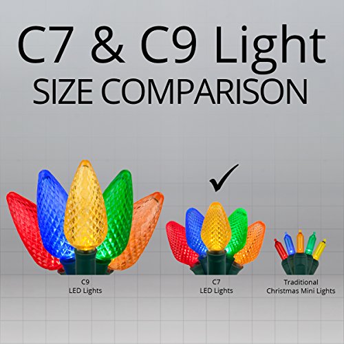 C7 LED Faceted Multicolor Prelamped Light Set, Green Wire - 25 C7 Multi Color LED Christmas Lights, 8" Spacing