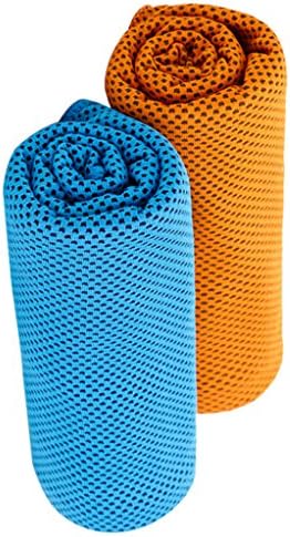 Fiber Promot 2 pack Microfiber Sports Cooling Towel for travel Camping Hiking Swim Workout Towels Ultra Compact Lightweight Fast Drying Towels (Blue,Orange, 12"×36")