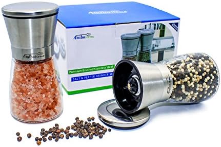 Salt and Pepper Grinder Set - 6.3oz Glass Body with 6 Bag Clips Brushed Stainless Steel