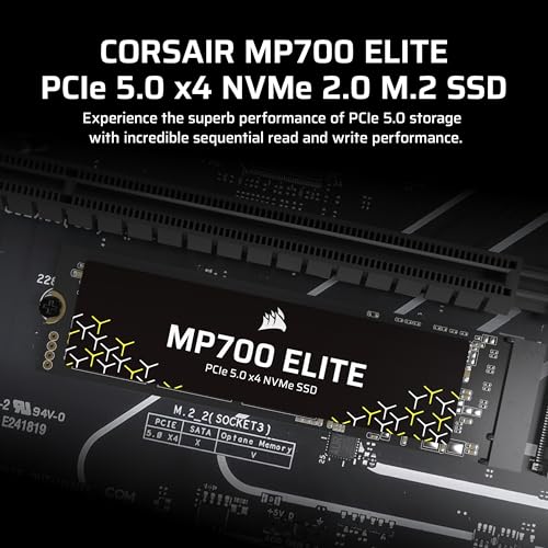 Corsair MP700 Elite 2TB PCIe 5.0 x4 NVMe M.2 SSD – Up to 10,000MB/sec – High-Density 3D TLC NAND – M.2 2280 - DirectStorage Compatible – Black