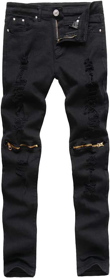 Suncaya Men's Distressed Ripped Biker Moto Denim Trousers Pants Slim Fit Zipper Jeans