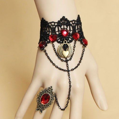 Jewelry 4 Lady Handmade Retro Black Lace Vampire Slave Bracelet with Heart-shaped Crystal Gothic Style Adjustable(approx 6" to 8")