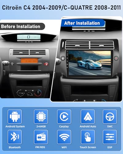 NHOPEEW 2G+64G Android Car Radio for Citroen C4 2004-2009/C-QUATRE 2008-2011 - Wireless Carplay and Android Auto - 9 Inch Carplay Car Radio with WiFi, Equalizer, GPS, FM, RDS + AHD Rear View Camera