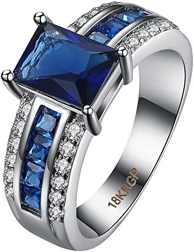 AWLY Jewelry Womens 18K White Gold Plated Square Cushion Cut Sapphire Blue CZ Half Eternity Wedding Ring Size 7