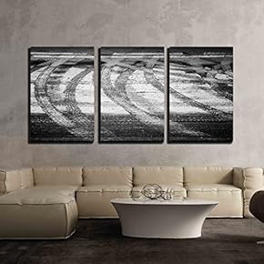 3 Piece Canvas Wall Art - Turning Wet Tire Tracks and Line Marking on The Asphalt Road - Modern Home Art Stretched and Framed Ready to Hang - 16"x24"x3 Panels