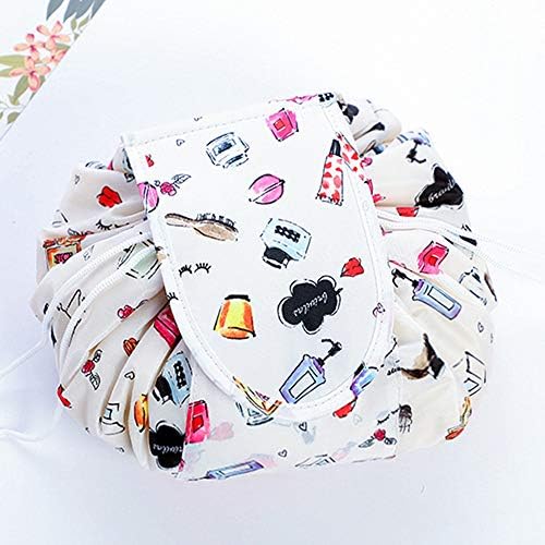 Drawstring Cosmetic Bag Travel Lazy Makeup Storage Bag Portable&Waterproof Quick Pack Large Cosmetic Bag Dual Magic Bags With Zipper&Drawstrings Brush Holder Carry On Travel (White)