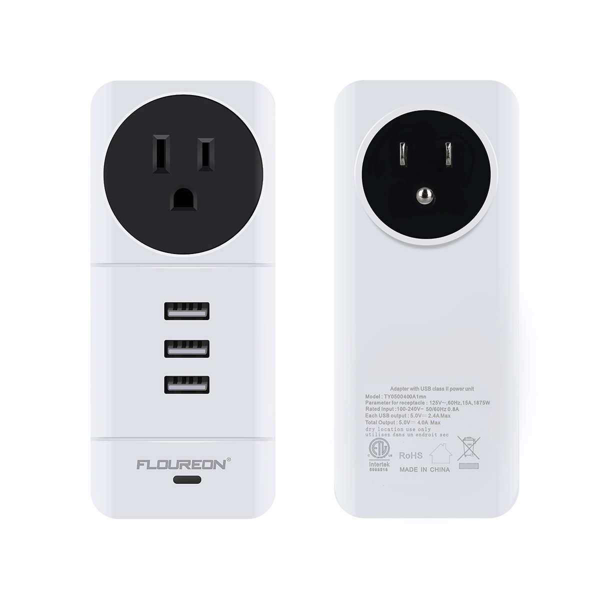 FLOUREON Power Strip USB Phone Charger Portable Travel Wall Charger with Rotate Plug(1 AC Outlet + 3 USB Ports) Charging Station with Smart IC