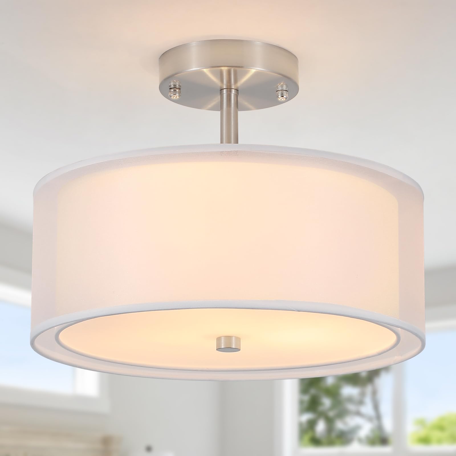 Photo 1 of Luupyia 3-Light Fabric Drum Pendant Lighting with Double Fabric Shade, 12.59 Inches Simple Modern Semi Flush Mount Ceiling Light Fixture Modern Hanging Lights for Bedroom, Hallway, Foyer E26 60W