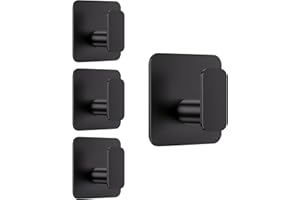 Aikzik Black Hooks for Hanging Heavy Duty, Adhesive Hooks for Shower, Bathroom, Kitchen, Robe, Towel, Coat, Waterproof & Rustproof Hook for Walls No Damage, Sticky Wall Towel Hooks - 4 Pack