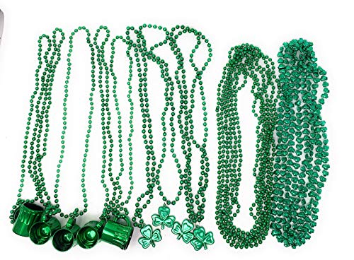 Bulk Pack of 72 St. Patrick's Day Colorful Shamrock Beads Necklace ASSORTMENT, Shamrock and Green Beads 33" Long 7mm Thick, Great for Party Favor Necklaces, Costume Accessory Supplies, By 4E's Novelty