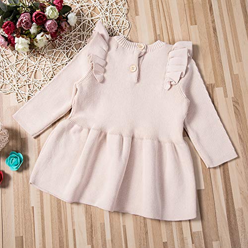 mlpeerw Toddler Baby Girl Knitted Dresses Kids Solid Ruffle Long Sleeve One Piece Dress Fall Winter Warm Sweater Outfits (Beige,3-6 Months) - Thumbnail 2